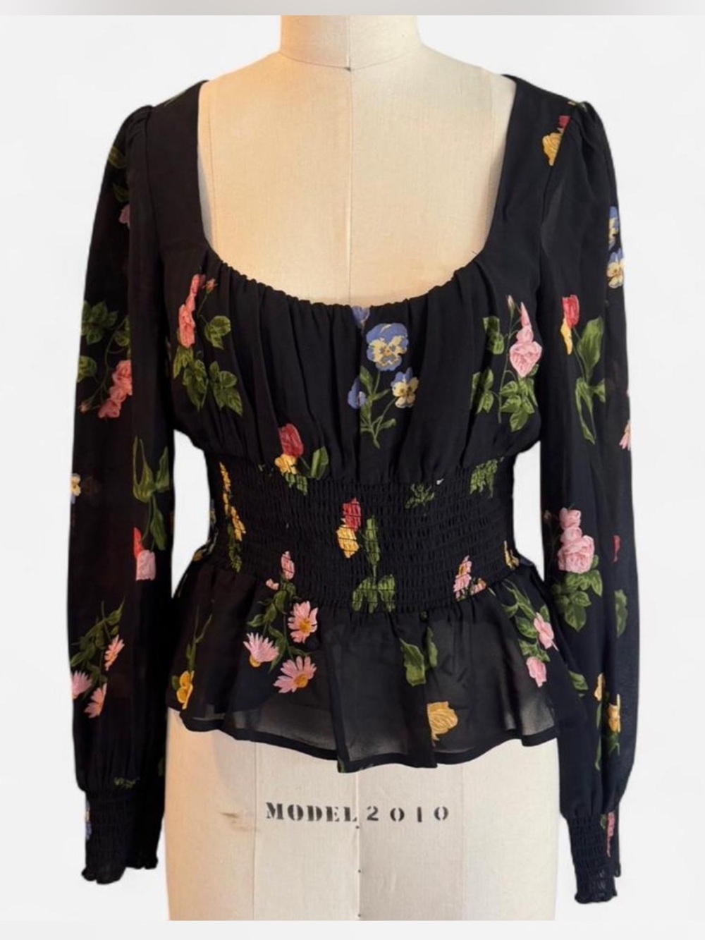 Reformation Black Floral Smocked Long-Sleeve Blouse